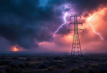 Dramatic power line tower in a stormy, apocalyptic landscape with lightning and smoke