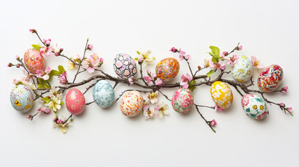 Dynamic arrangement highlighting vibrant branches and exquisite eggs, celebrating spring.