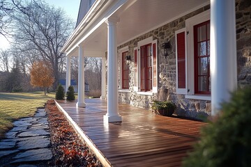 Modern farmhouse-style home with front porch, dark wood floors, white trim, red window frames, natural stone wall, and white columns, illuminated by natural light.