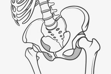 A skeletal diagram illustrating the human pelvis and spine, highlighting anatomical features in a simplified outline.