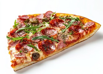 Delicious Slice of Pepperoni and Salami Pizza Topped with Fresh Herbs, Arugula, and Olives on White Background for Food and Culinary Promotion