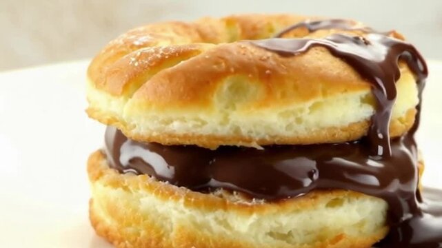 Chocolate layers with rich ganache and golden pastry under chocolate glaze with a white backdrop and warm tones enhancing indulgence