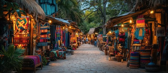 Obraz premium Evening market scene with colorful textiles and handicrafts displayed in stalls along a cobblestone pathway.