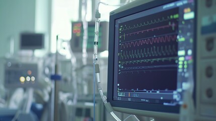 Medical monitoring equipment displays vital signs in a hospital room during patient care