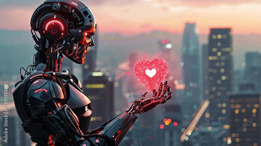 Poster A robotic figure stands gracefully, presenting a glittering heart in its hands. The backdrop showcases a vibrant skyline illuminated by the sunset, creating a contrast of technology and romance.