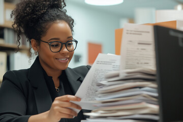 HR team member sorting through paperwork in office with focus and attention to detail