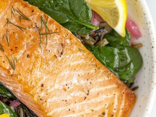 A detailed close-up of a pan-seared salmon filet, served on a bed of wild rice and sautéed spinach, garnished with lemon wedges and dill. The dish is plated on a white ceramic plate with a drizzle 