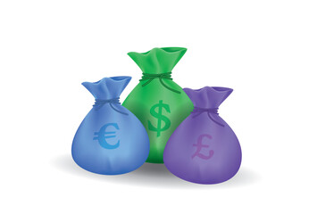 Money bag, vector illustration with dollars, euros and pounds sterling. Banking, finance, currency.
