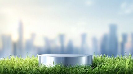 Modern metallic podium on grass with city skyline background symbolizing eco-friendly urban design and sustainable development