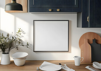 Frame mockup in simple cozy Scandinavian kitchen, 3d render