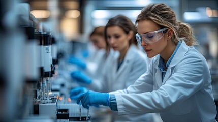 Scientists working with biological safety cabinets in vaccine production facility