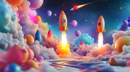 Colorful Rockets Launching Through Dreamlike Space