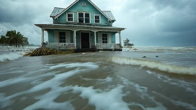 A house is flooded with water and the waves are crashing against it