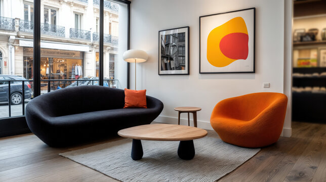 Salon moderne avec canap&eacute; noir, fauteuil orange et tables basses en bois.