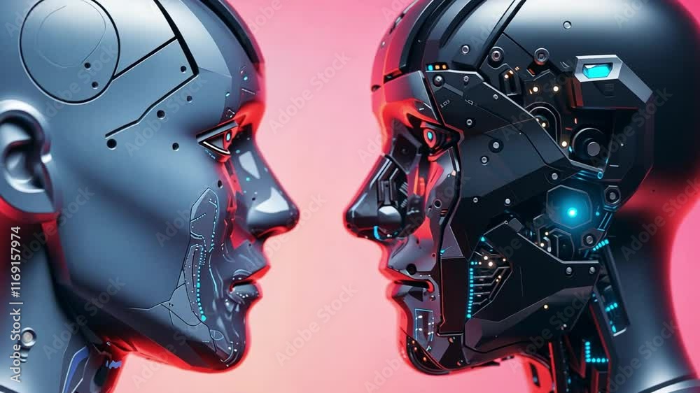 Leinwandbilder two futuristic humanoid robots face each other, showcasing intricate details and glowing elements. t