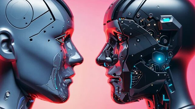 Two futuristic humanoid robots face each other, showcasing intricate details and glowing elements. The setting exudes a blend of technology and romance, resonating with a Valentine's theme.