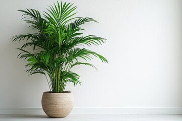 Fototapeta premium stylish parlor with a tropical palm plant in a modern vase isolated against a clean white background highlighting minimalistic design and a love for nature