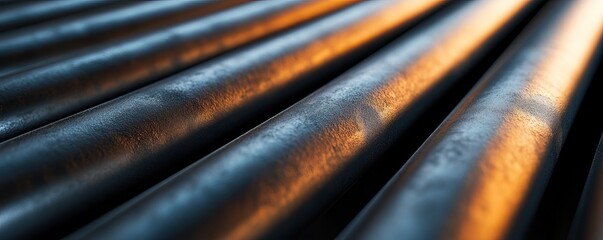 A close-up of metallic rods, showcasing their texture and the interplay of light and shadow.