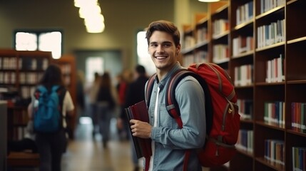 Fototapeta premium Handsome Smile student man with backpack and books in library, education, university, cheerful, college, happy, standing, school, backpack, attractive, enjoyment, confidence