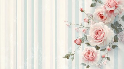 Vintage roses on top, beige, light blue, white with strippes background