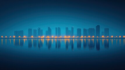 Fototapeta premium City skyline reflected in calm water at night.