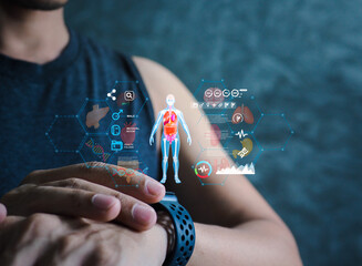 The men wearing a smart watch displays futuristic health data through an AI-powered interface, showing vital stats, medical info, and performance analytics in a sleek digital overlay.