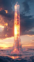 Majestic crystal tower erupting in fiery flames amid dramatic apocalyptic skies with a powerful and mystical energy radiating from the structure  This fantastical