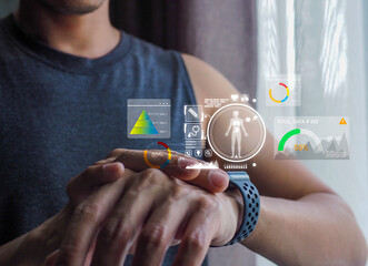 The men wearing a smart watch displays futuristic health data through an AI-powered interface,...