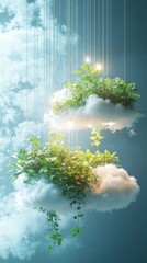 Floating Foliage Dreamscape   Surreal nature depicting levitating plants lush green leaves and foliage suspended in a tranquil ethereal cloudy sky environment  Conceptual imaginative
