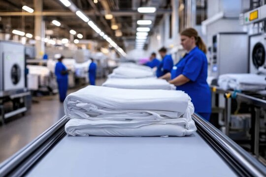 Workers are efficiently handling and processing freshly laundered white linens in a busy industrial laundry facility, showcasing teamwork and productivity.