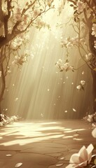 Golden Sunlight Illuminating a Peaceful Forest Path with Blooming Trees and Falling Petals