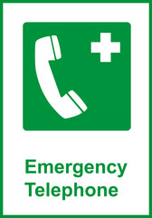 Green sign emergency telephone. Indicates the location a telephone or communication device intended for calling emergency services in the event an emergency. Iso 7010.
