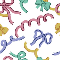 Seamless pattern of various bows, gift ribbons, bowknots in cartoon style. Present wrapping decoration ornament. Vector design for holiday.