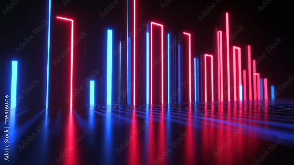 Wall mural abstract neon light bars reflecting on a dark surface, creating a vibrant and futuristic scene.