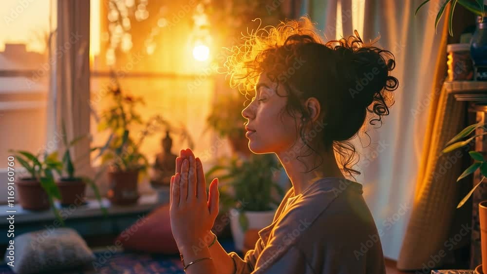 Aufkleber Soft sunlight filters through a window as an individual practices meditation at home. Surrounded by plants, a serene atmosphere enhances the moment of mindfulness and tranquility.