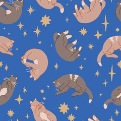 Seamless pattern of cute sleeping cats and stars. Pet animals, kitten ornament. Flat vector illustration.