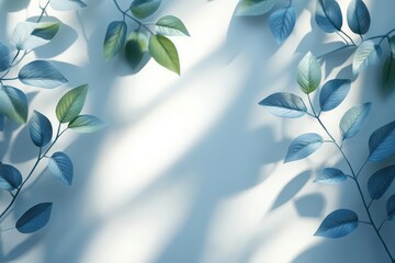 Fototapeta premium subtle play of blurred shadows cast by leaves on a pristine white wall creating an abstract minimalist background perfect for product presentation and evoking a sense of freshness