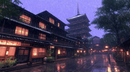 Fototapeta premium Rainy evening in a traditional Japanese street scene.