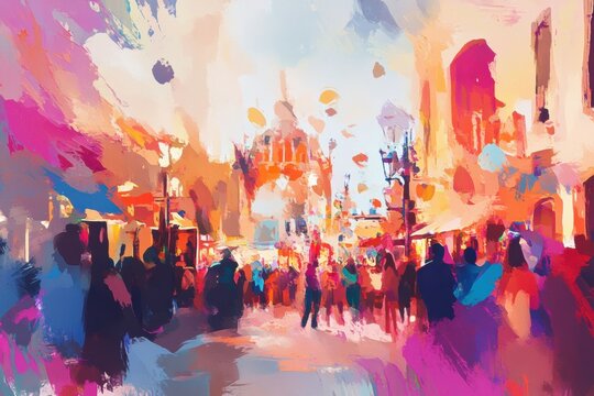 A oil paint Flat illustration draw abstract background carnival festival, multicolor pastel , draw canival parade
