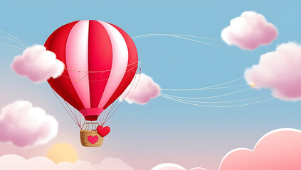 Obraz premium Romantic Red and Pink Hot Air Balloon in a Serene Valentine's Day Sky, a Valentine's Day card or love letter, banner, poster for website, Valentine's day concept,love, affection, generative ai