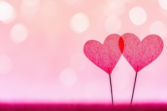 Valentine pink background, Two pink paper hearts on sticks against a soft pink background with bokeh effects, symbolizing love and affection.