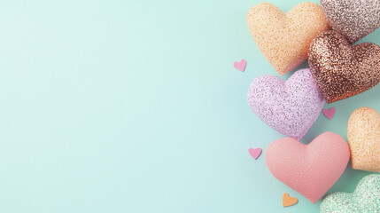 Obraz premium Glittering pastel hearts on light blue background create romantic vibe