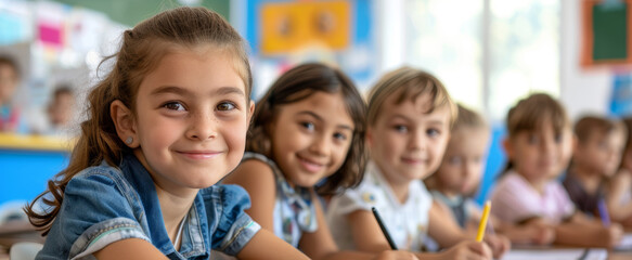 Fototapeta premium primary elementary school group of children studying in the classroom. learning and sitting at the desk. young cute kids smiling, high quality photo