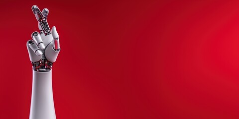 A robot hand with a crossed fingers on a red background with copy space