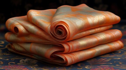 Stacked Orange Fabric Rolls With Gold Accents