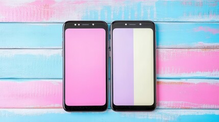 Comparative analysis of two smartphones on colorful background technology photography digital aesthetic perspective