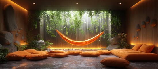 Serene indoor relaxation space with hammock, cushions, and rainforest view.