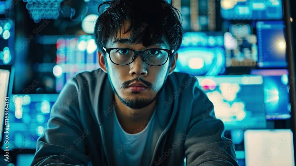 Poster A young man with glasses focuses intently on digital displays in a dark workspace. Multiple screens show complex data, highlighting a tech-driven environment late at night.