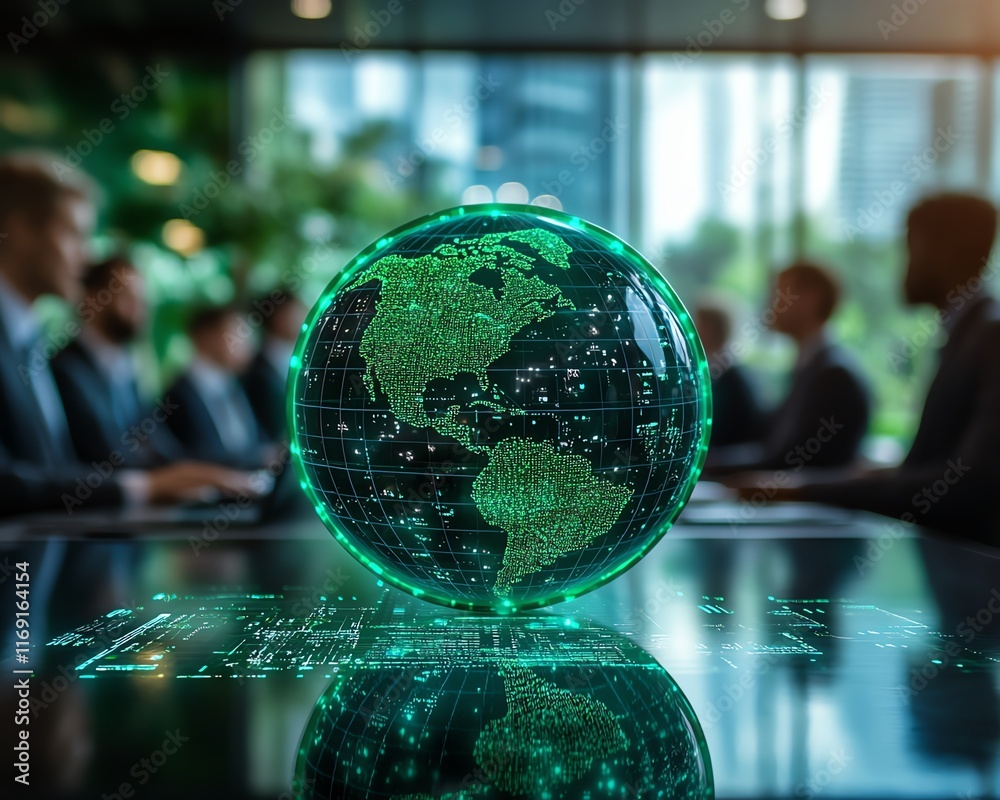 Aufkleber a professional business group gathered around a digital green globe, discussing ecofriendly objectiv