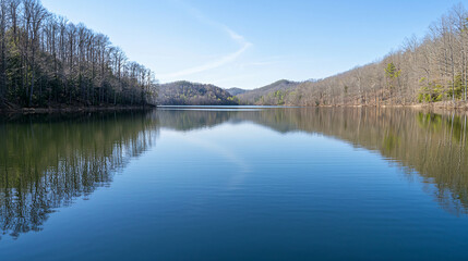 Fototapeta premium serene lake reflecting beauty of spring, surrounded by trees and mountains. calm water creates peaceful atmosphere, perfect for relaxation and nature appreciation